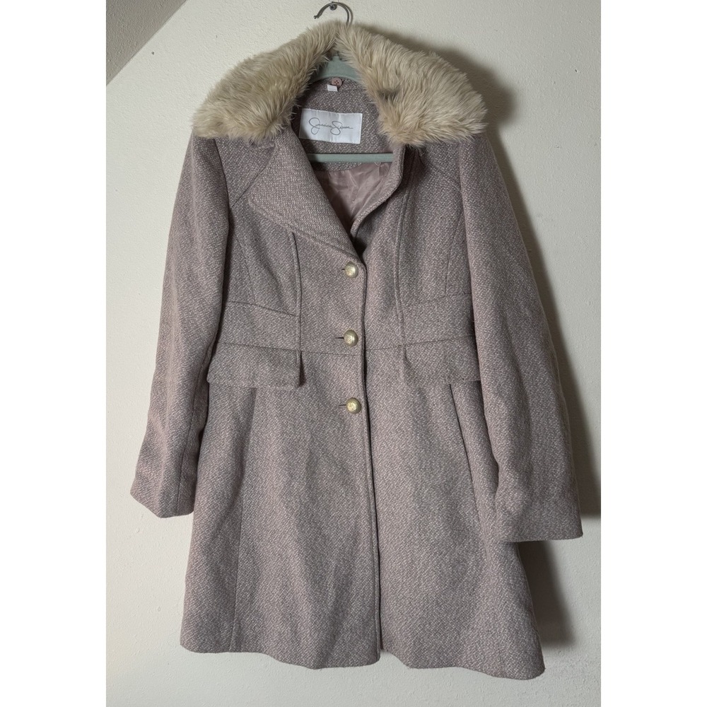 Jessica Simpson Womens Wool Blend Coat Size M Faux Fur Collar Blush